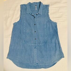 Free People Women Light Blue Sleeveless Button Down Shirt, Sz M. Linen & Cotton